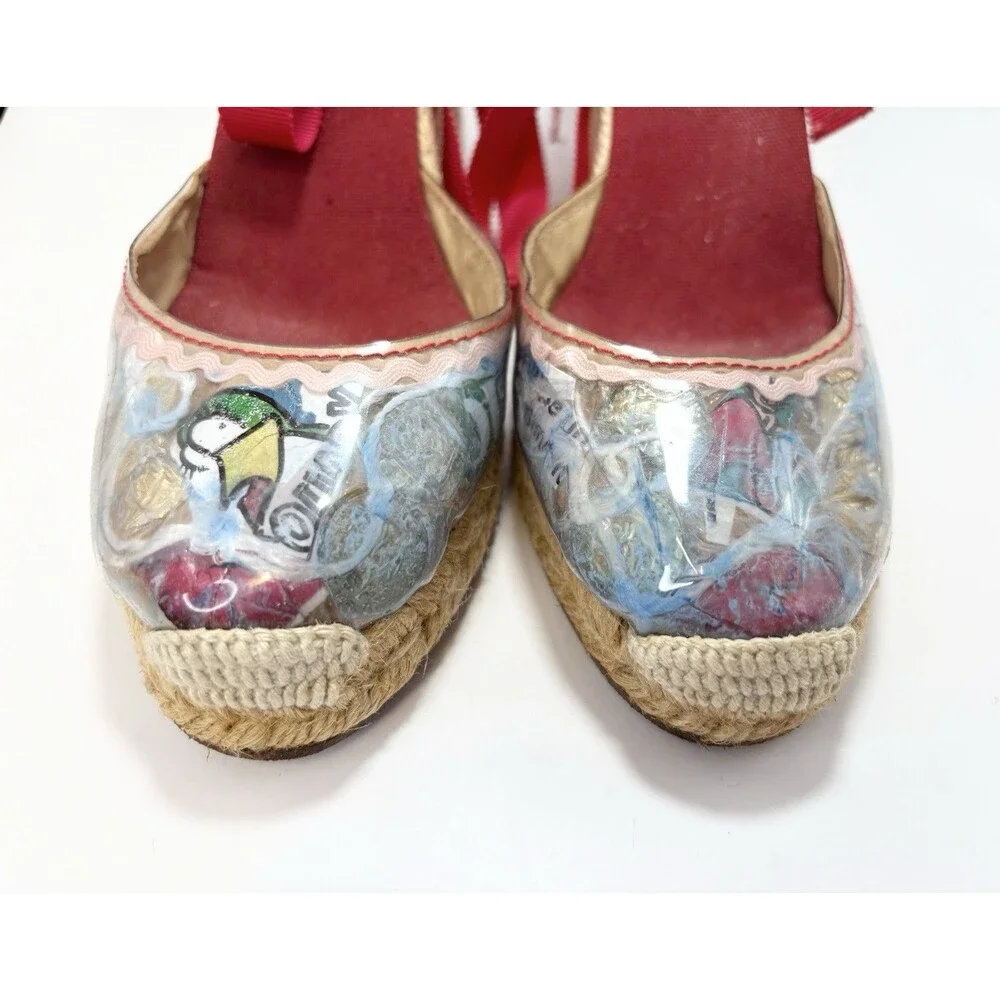 Christian Louboutin Red Ribbon Espadrille Wedge with Printed Toe